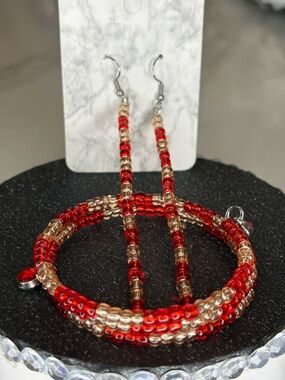 Red and Gold Seed glass Beads and Earrings - Women Jewelry